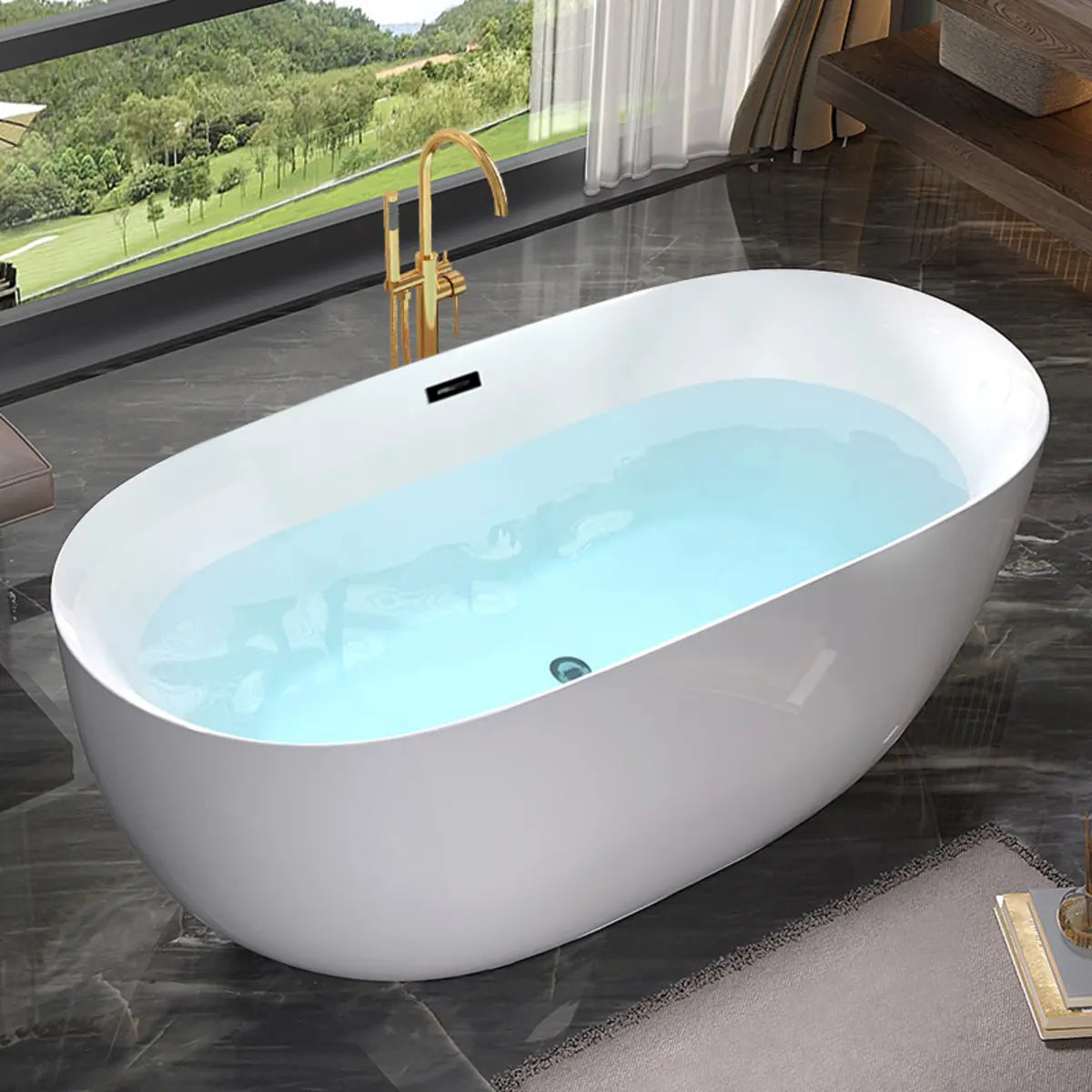 Relaxing Oval PMMA White Freestanding Bathtub with Faucet Image - 12