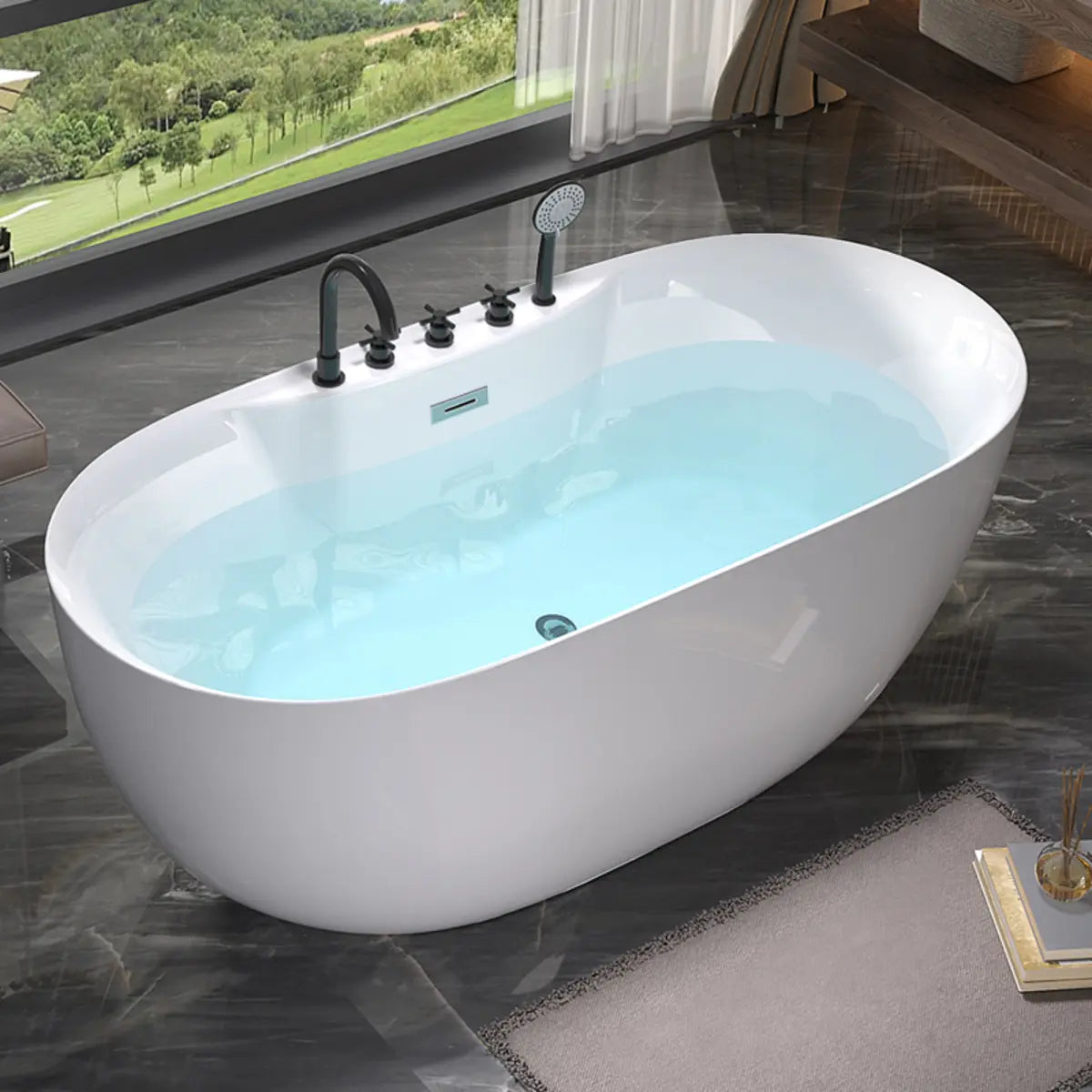 Relaxing Oval PMMA White Freestanding Bathtub with Faucet Image - 5