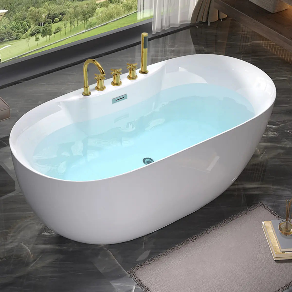 Relaxing Oval PMMA White Freestanding Bathtub with Faucet Image - 7