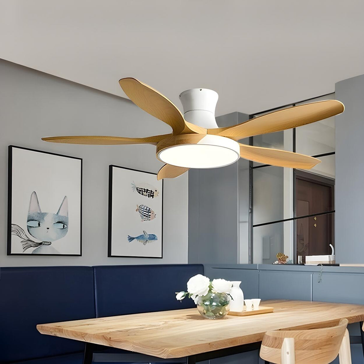 Remote 5 Wooden Blades Standard Ceiling Fan with Light Image - 7