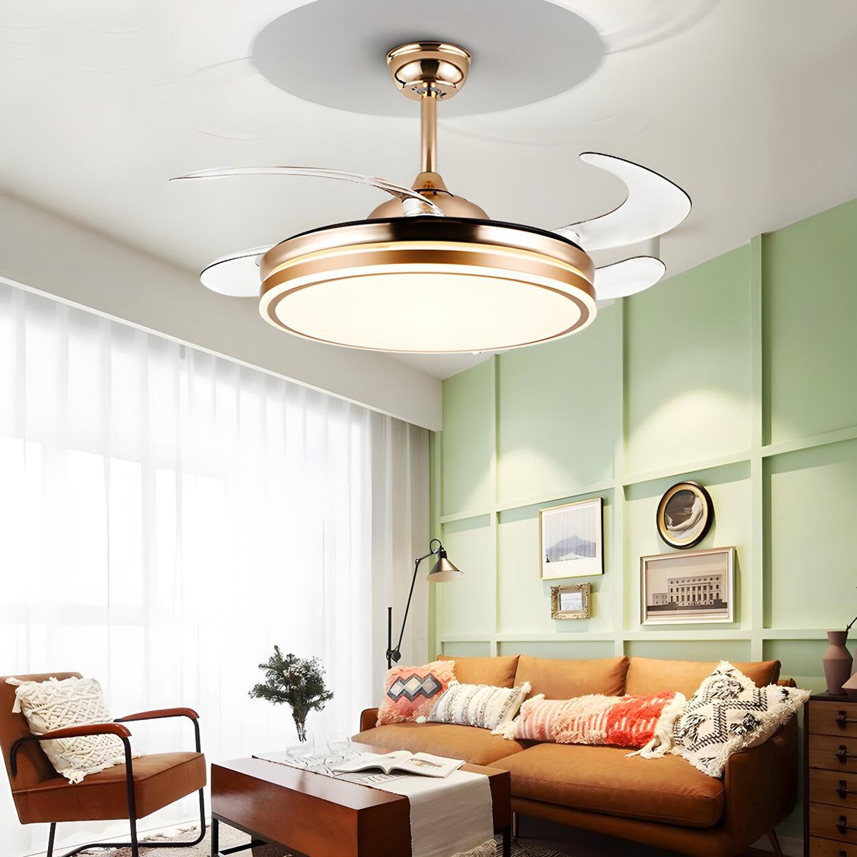 Remote Contemporary Gold Round Ceiling Fan with Light Image - 1