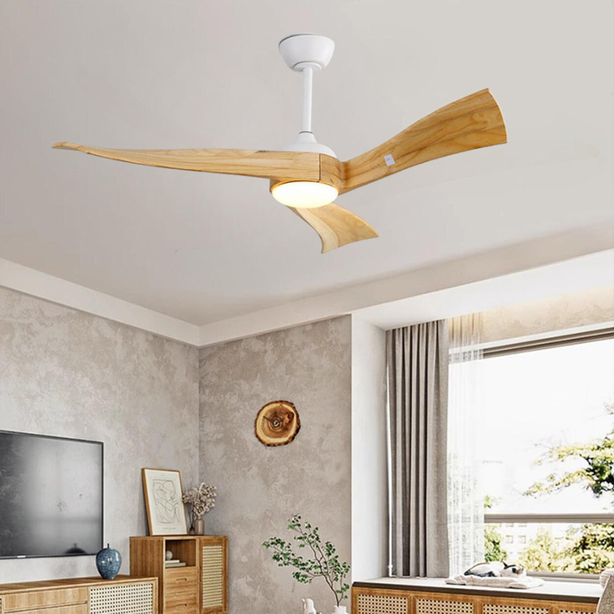 Remote Control 3 Blade Solid Wood LED Ceiling Fan Light Image - 4