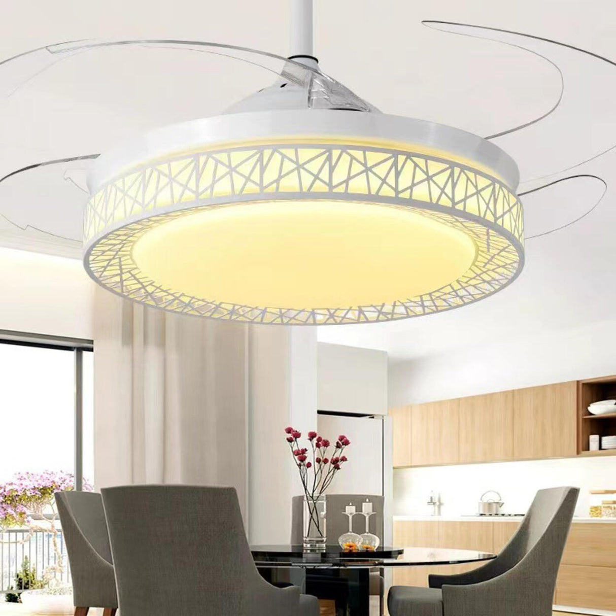 Remote Control 4 Blades Modern Round Ceiling Fan Light Image - 1