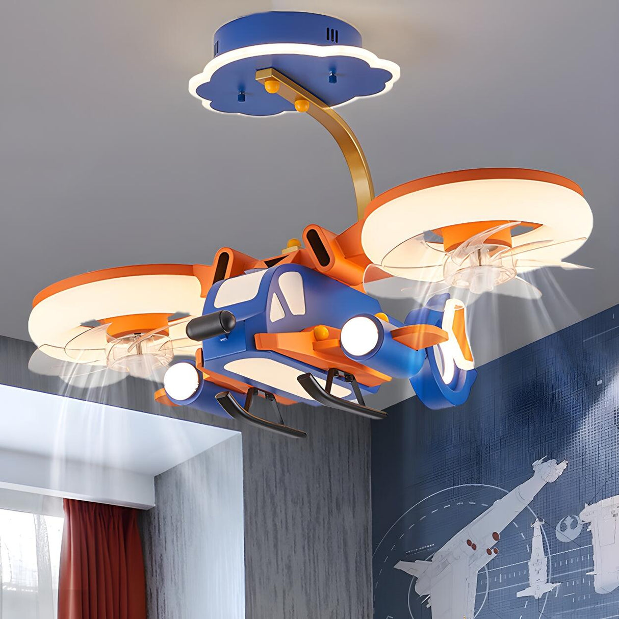 Remote LED Kids Room Helicopter Ceiling Fan with Light Image - 1