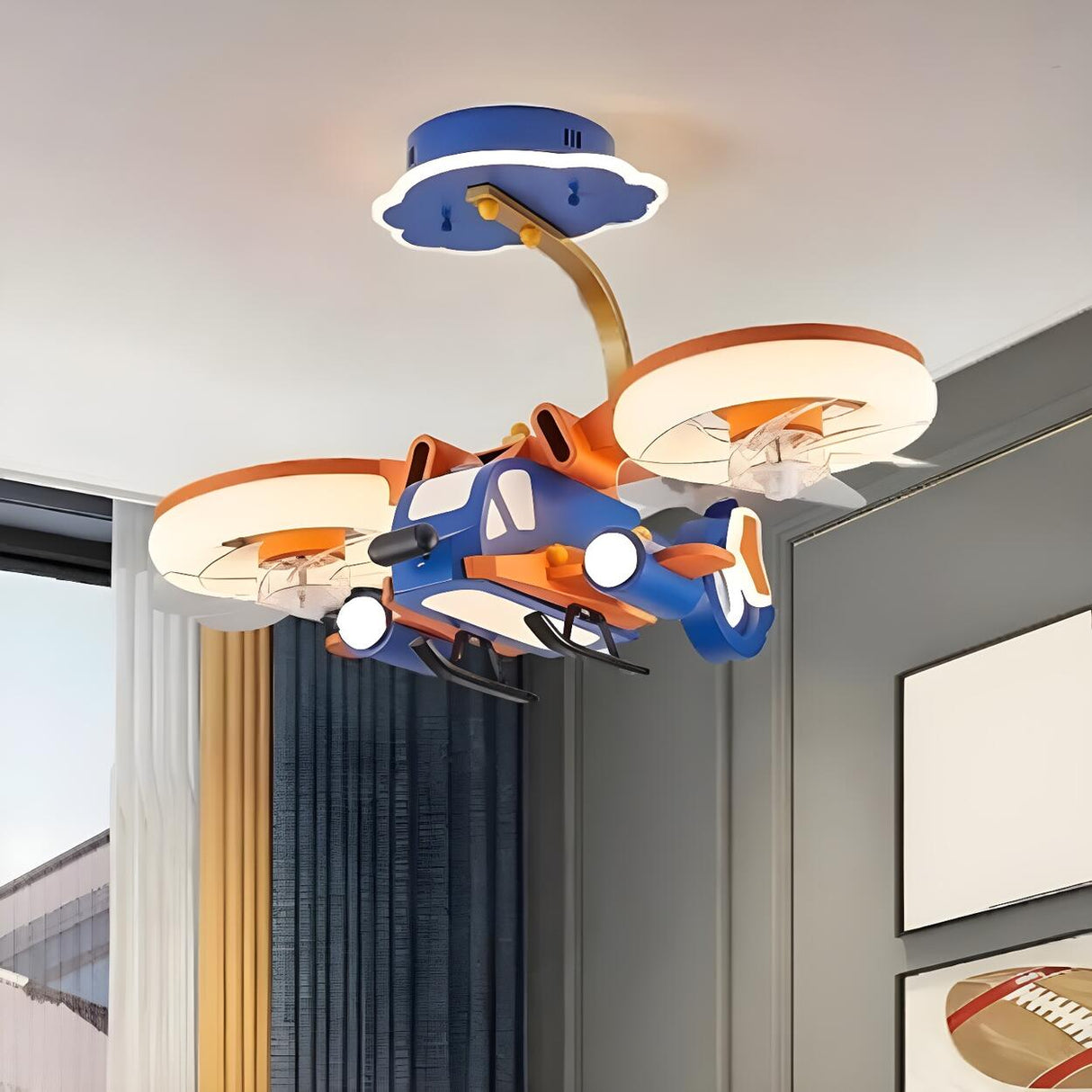 Remote LED Kids Room Helicopter Ceiling Fan with Light Image - 3