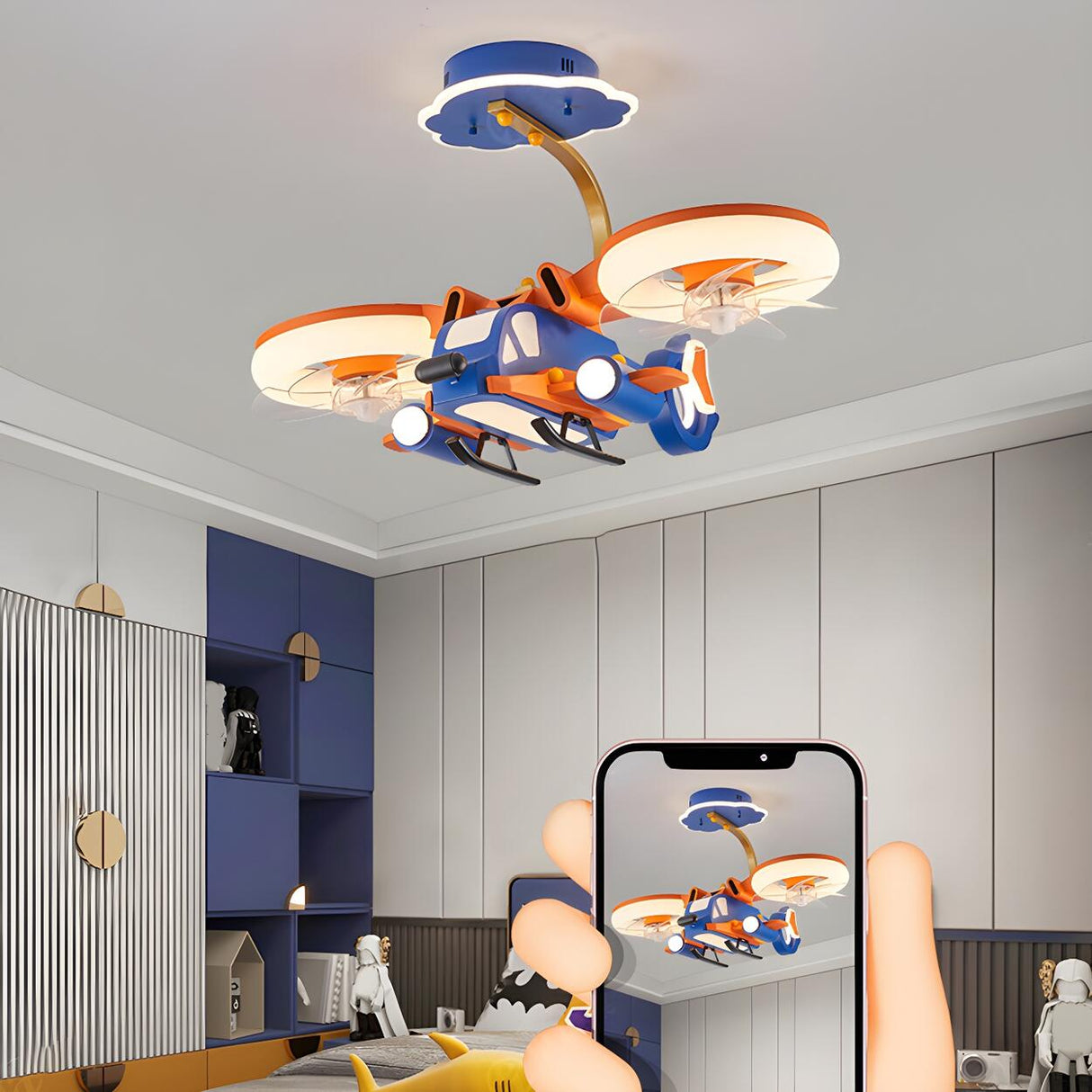 Remote LED Kids Room Helicopter Ceiling Fan with Light Image - 4