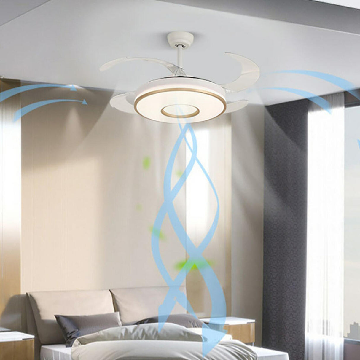 Remote Living Room Round 4 Blade LED Ceiling Fan Light Image - 19