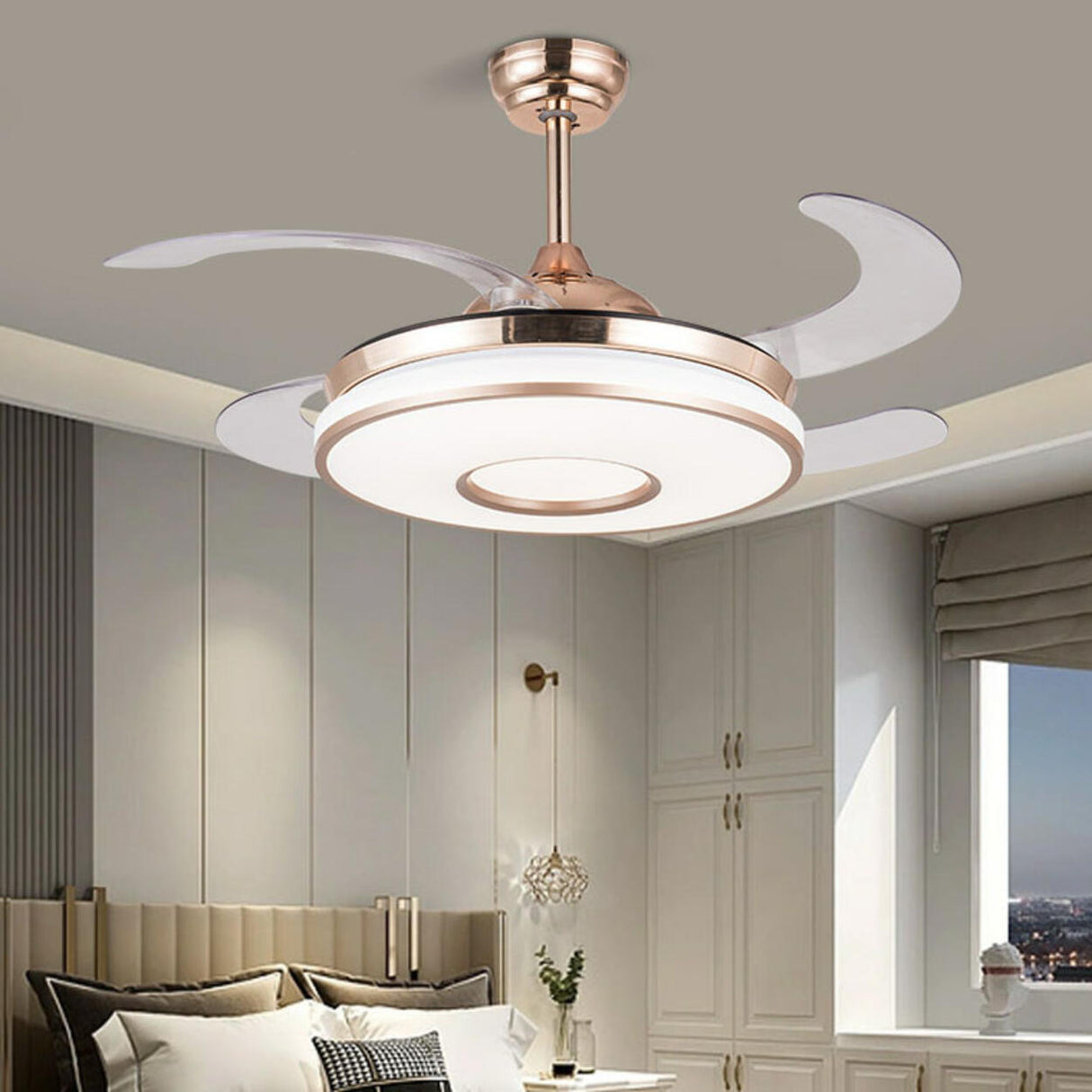 Remote Living Room Round 4 Blade LED Ceiling Fan Light Image - 3