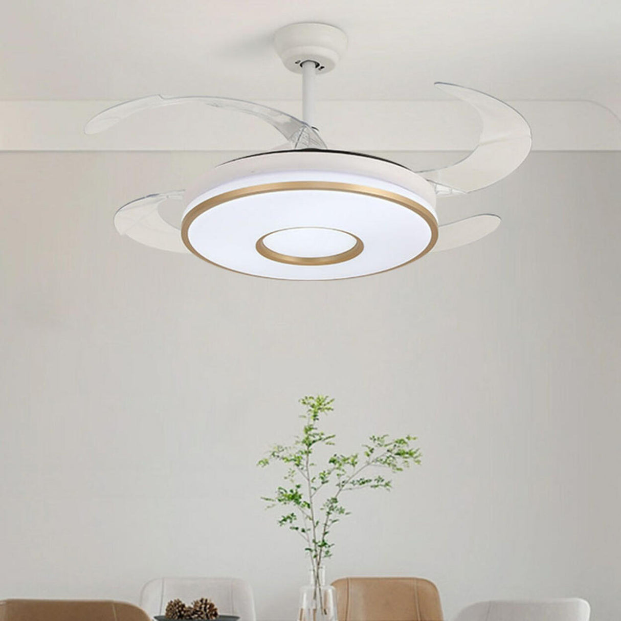 Remote Living Room Round 4 Blade LED Ceiling Fan Light Image - 4