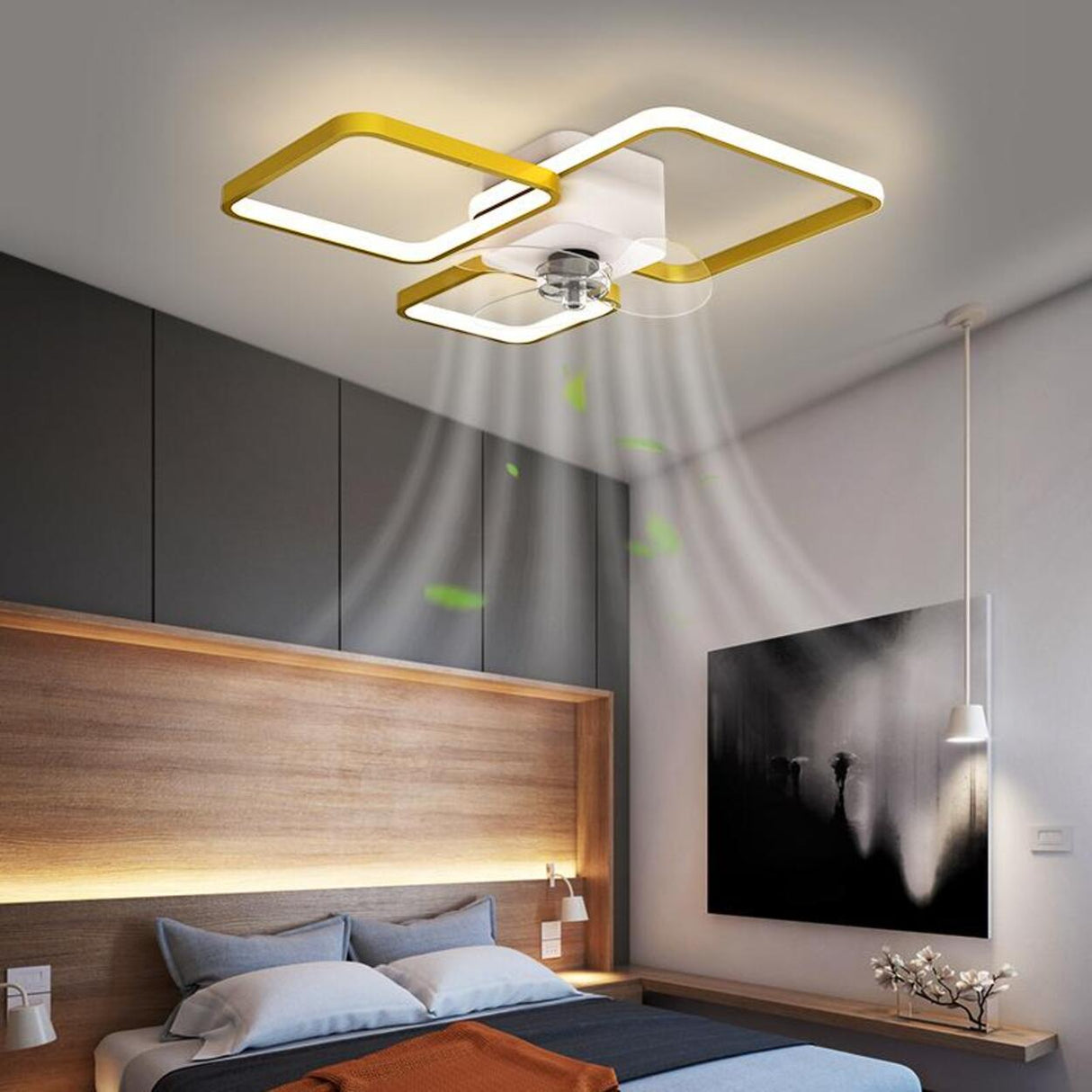 Remote Modern Geometric Flush Ceiling Fan with Light Image - 4