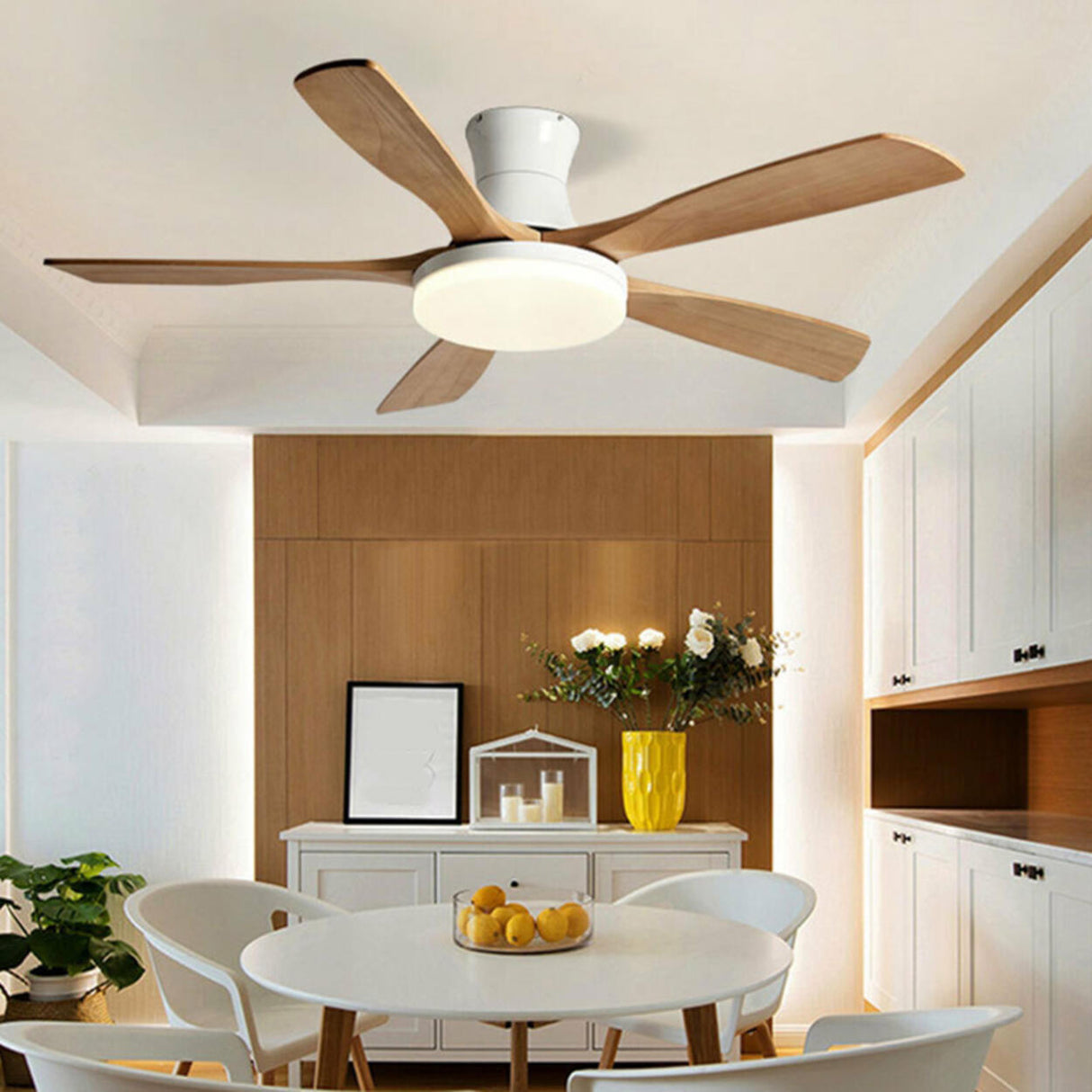 Remote Modern Wood 5 Blade Ceiling Fan with LED Light Image - 8