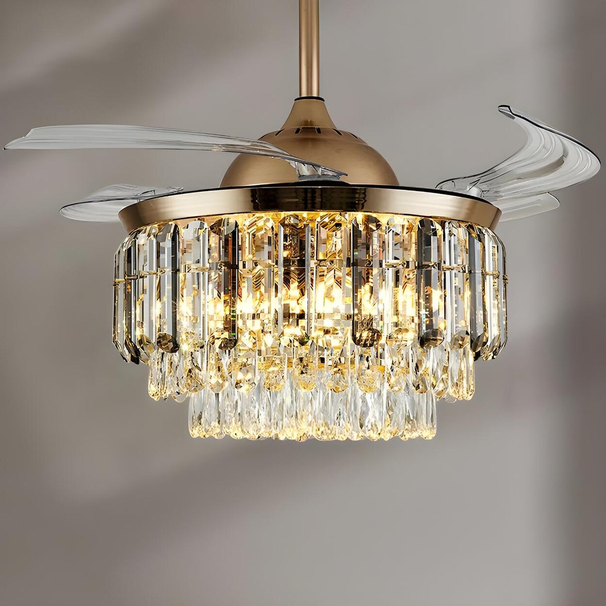 Remote Multi-Layer Luxury Crystal Ceiling Fan Light Image - 5