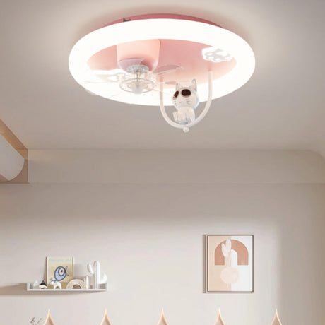 Remote Pink Round Flush Cute Cat Ceiling Fan with Light Image - 1