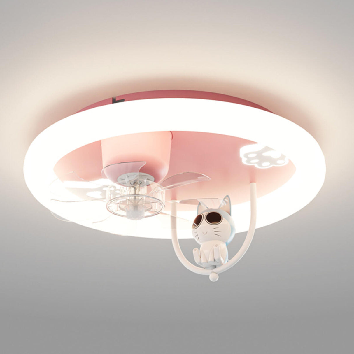 Remote Pink Round Flush Cute Cat Ceiling Fan with Light Image - 7