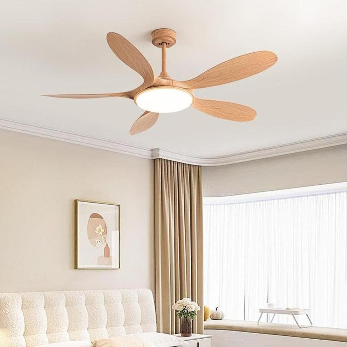 Remote Simple 5 Blade Wood LED Ceiling Fan with Light Image - 10