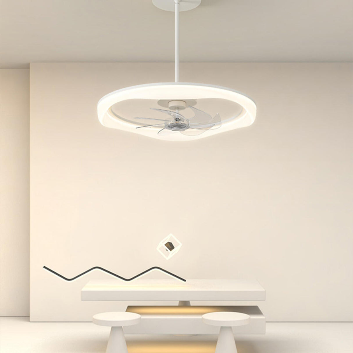 Remote Simple White Ring Pendant Fan with LED Light Image - 1