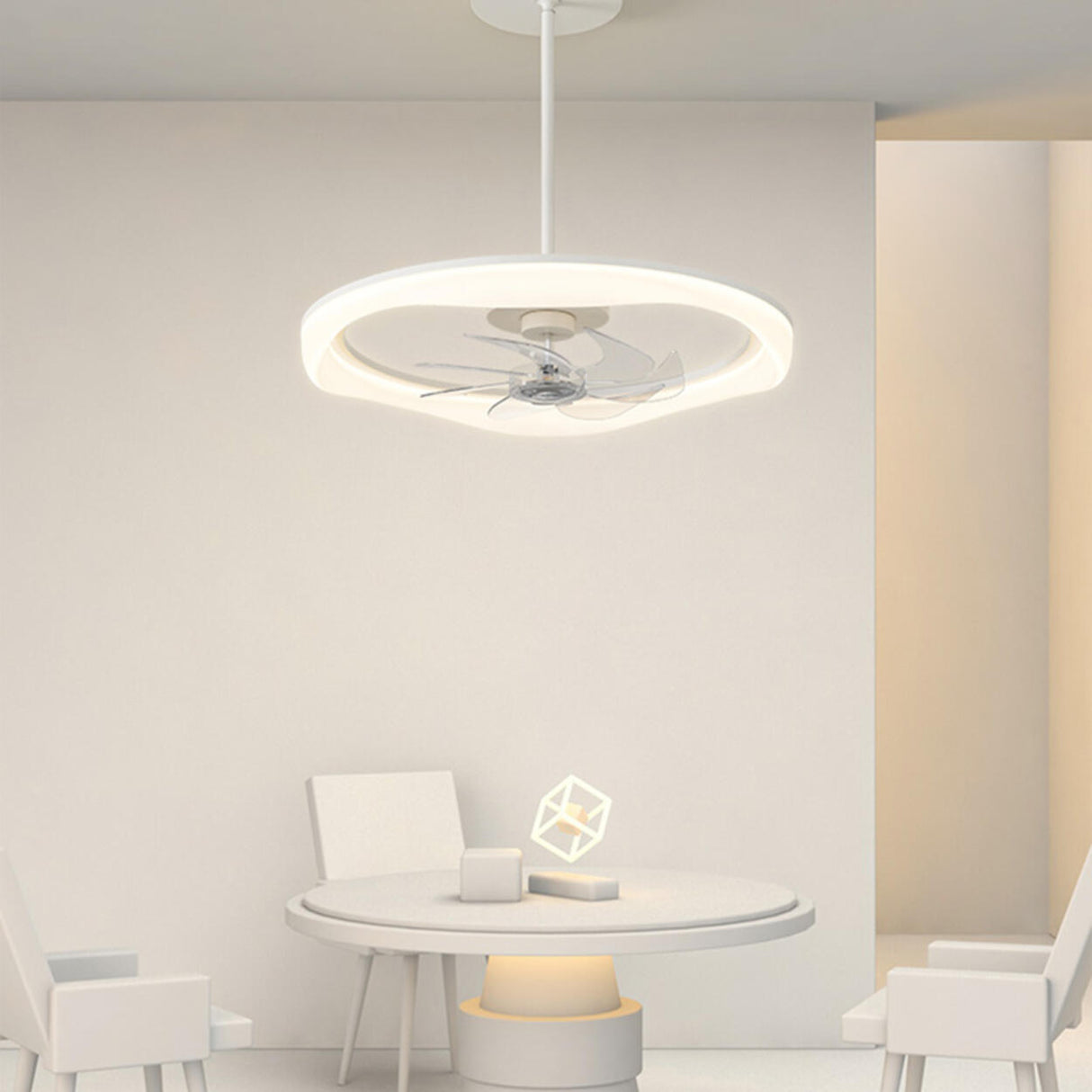 Remote Simple White Ring Pendant Fan with LED Light Image - 4