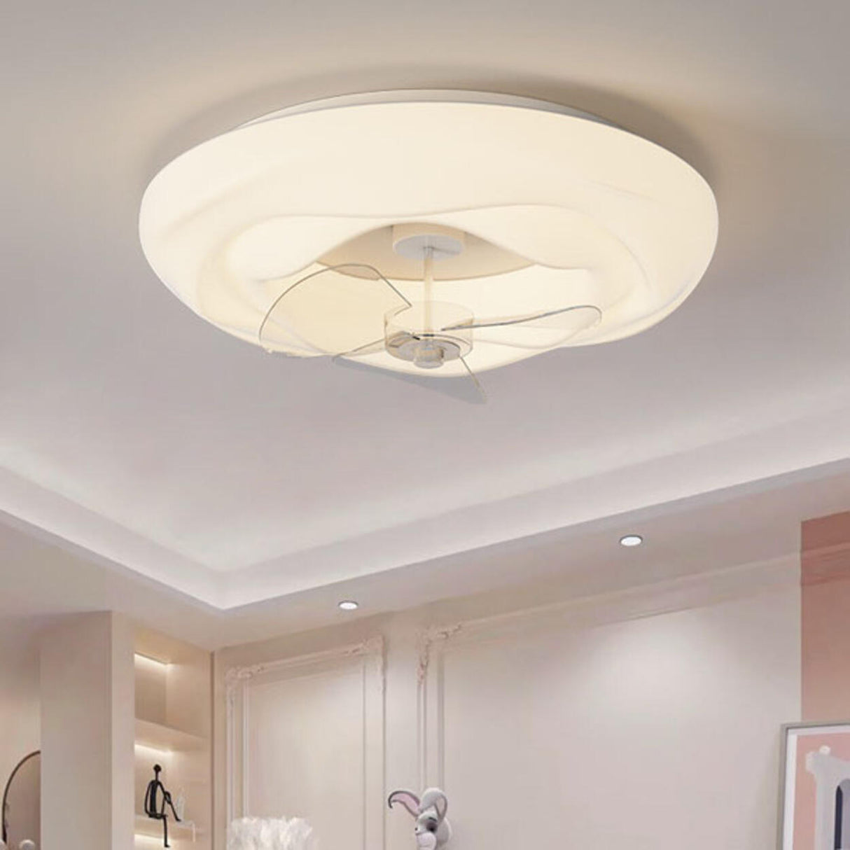 Remote White Cloud Flush Mount Round Ceiling Fan Light Image - 17