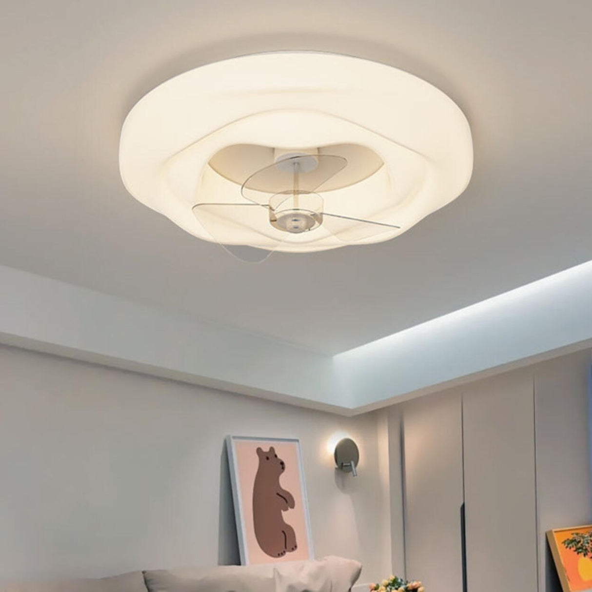 Remote White Cloud Flush Mount Round Ceiling Fan Light Image - 3