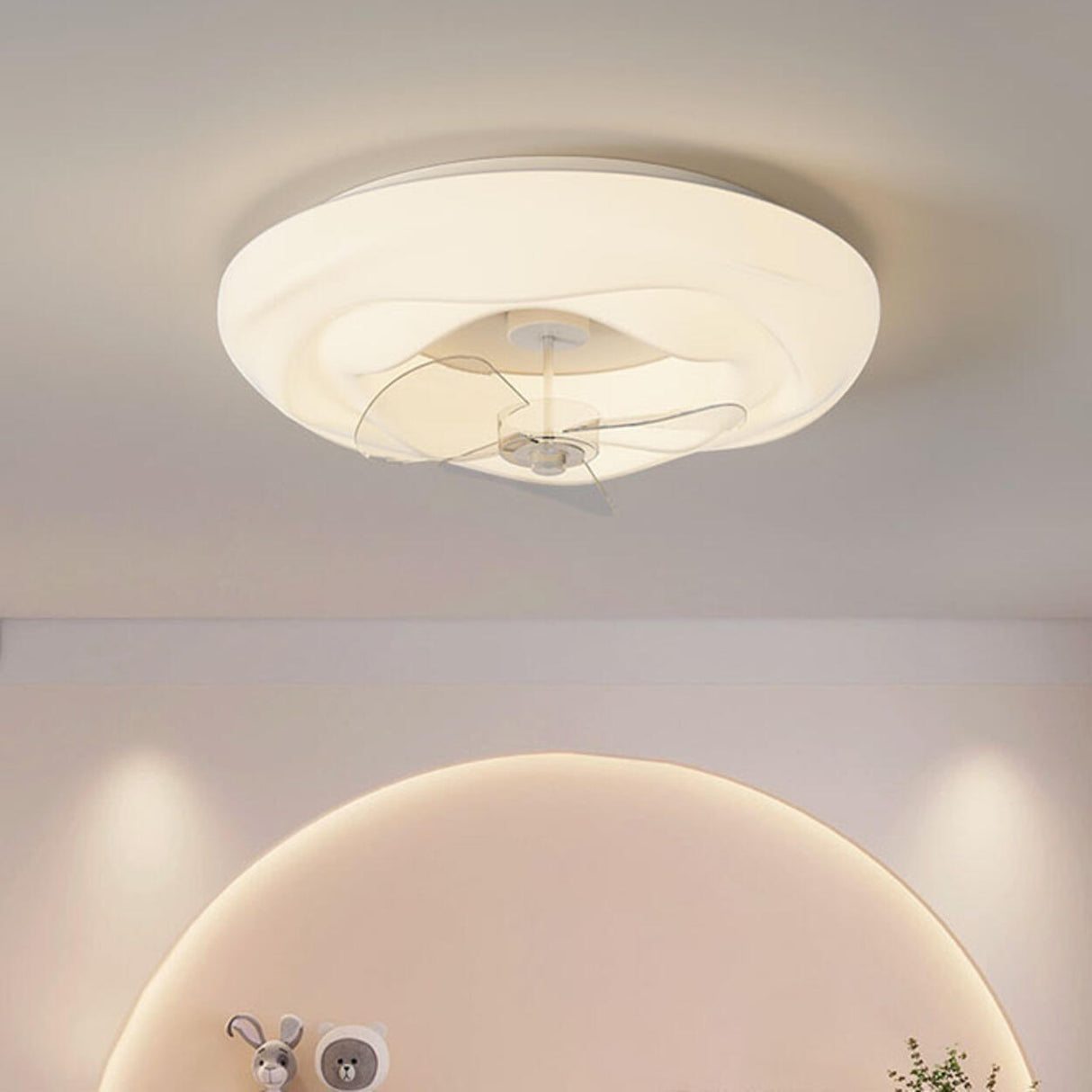 Remote White Cloud Flush Mount Round Ceiling Fan Light Image - 4