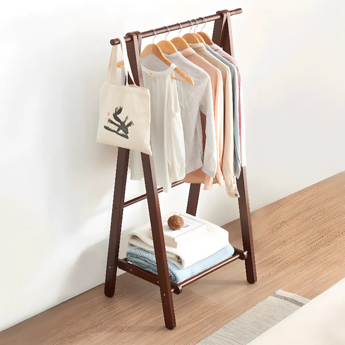 Removable A-Frame Shelves Cherry Wood Storage Coat Rack Image - 6