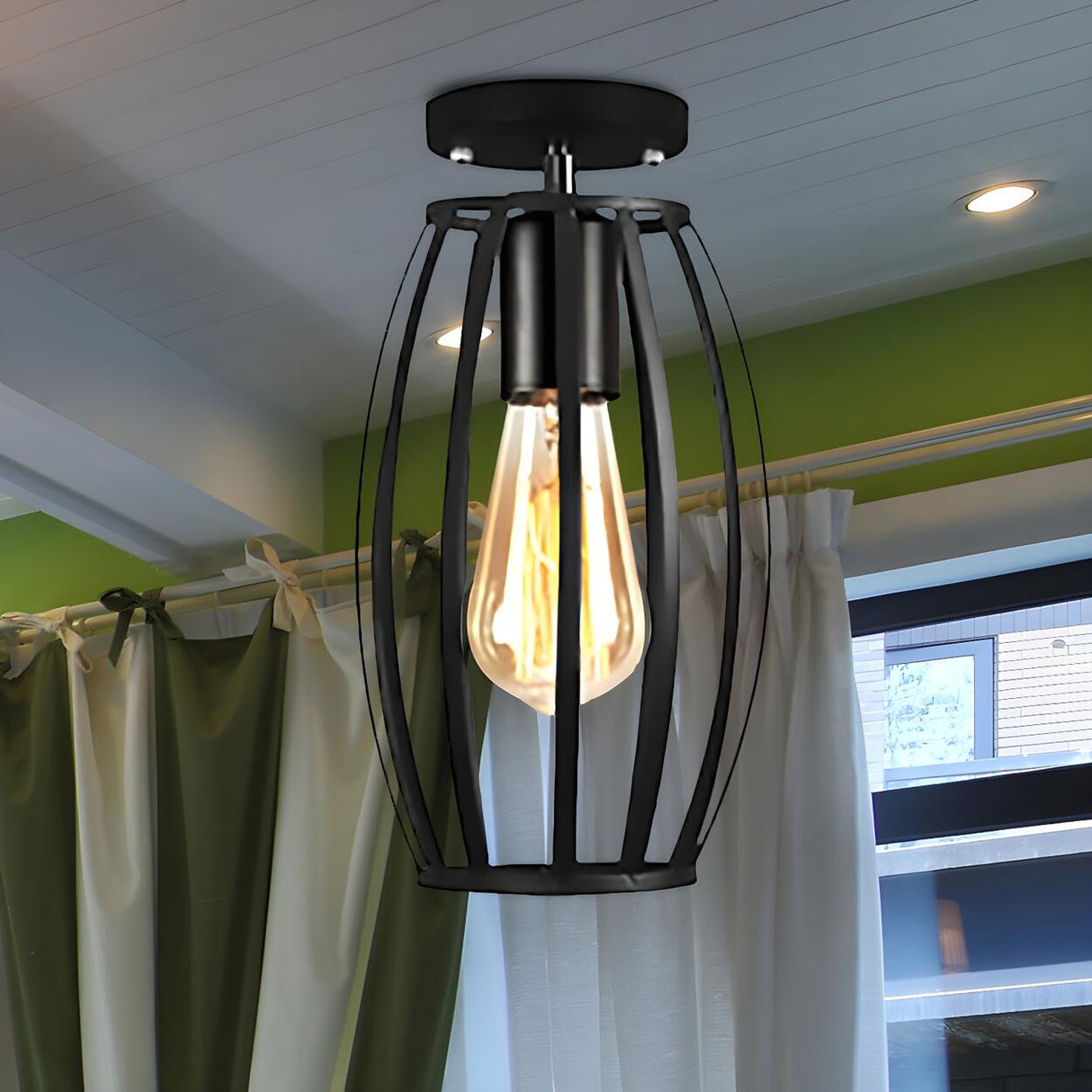 Restaurant Black Metal Oval Cage Semi-Flush Mount Light Image - 14