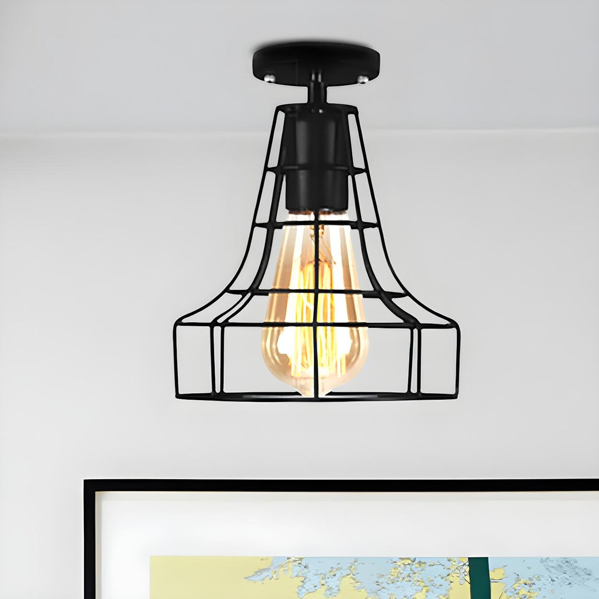 Restaurant Black Metal Oval Cage Semi-Flush Mount Light Image - 15