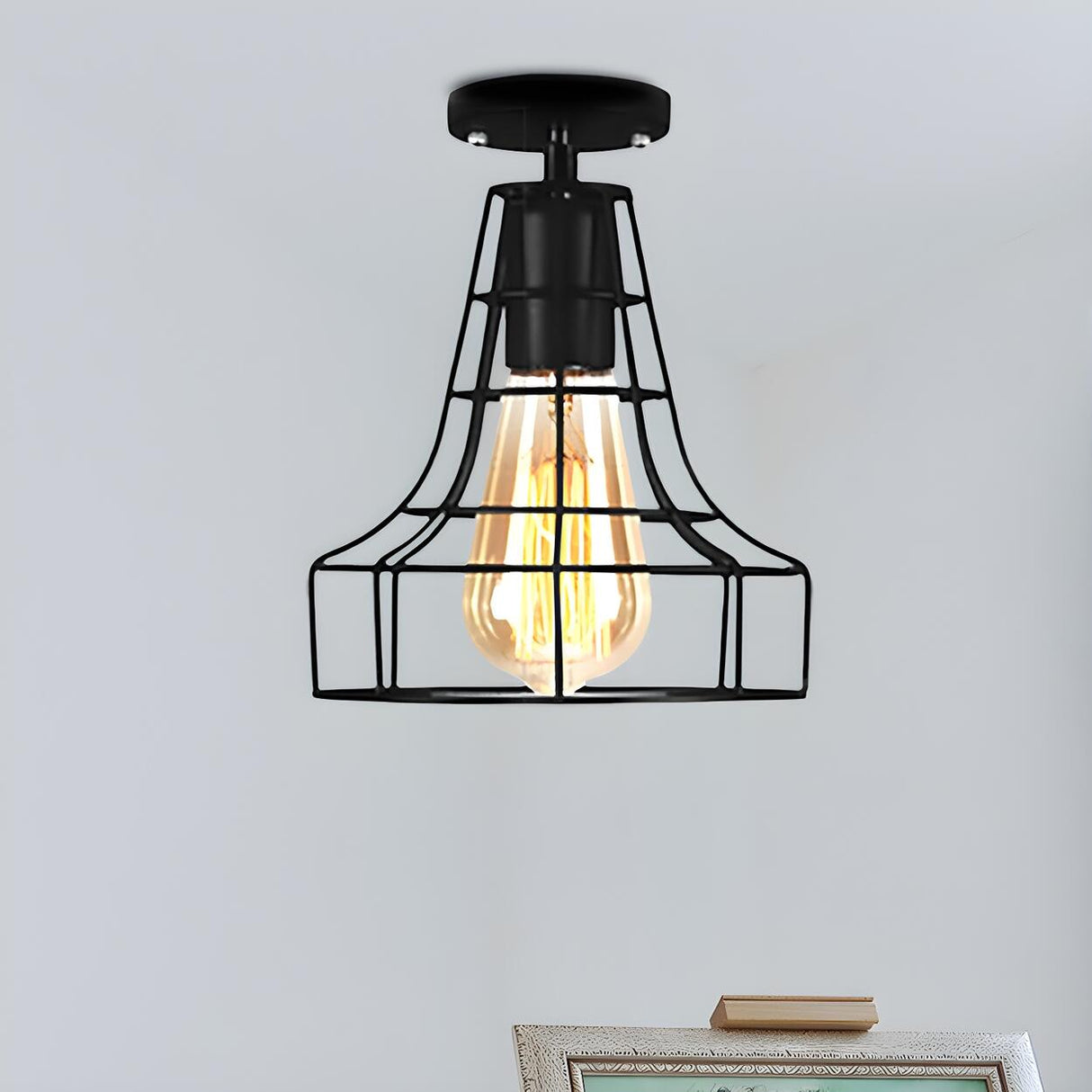 Restaurant Black Metal Oval Cage Semi-Flush Mount Light Image - 16