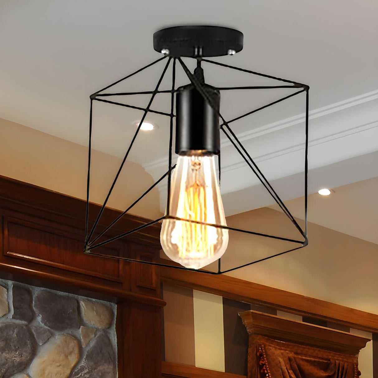 Restaurant Black Metal Oval Cage Semi-Flush Mount Light Image - 17