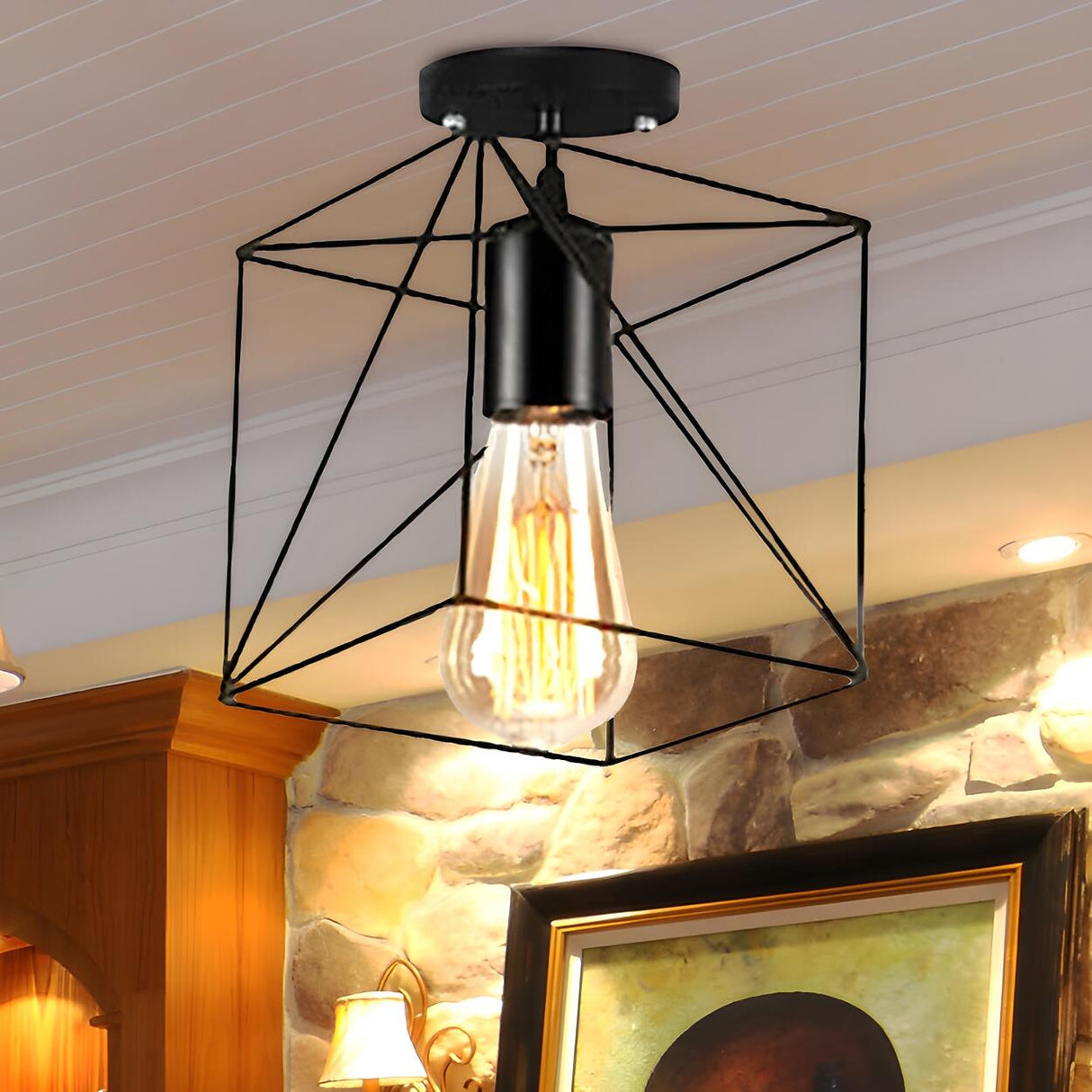 Restaurant Black Metal Oval Cage Semi-Flush Mount Light Image - 18