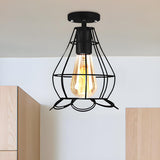 Restaurant Black Metal Oval Cage Semi-Flush Mount Light Image - 19