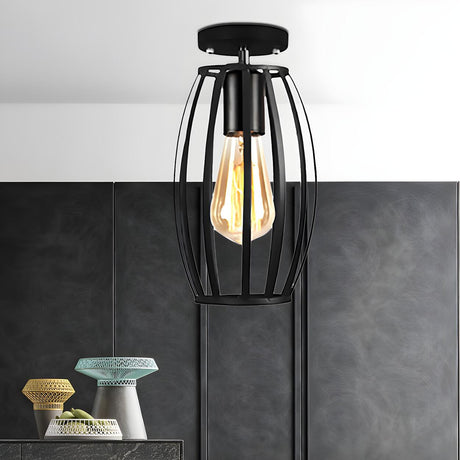 Restaurant Black Metal Oval Cage Semi-Flush Mount Light Image - 2