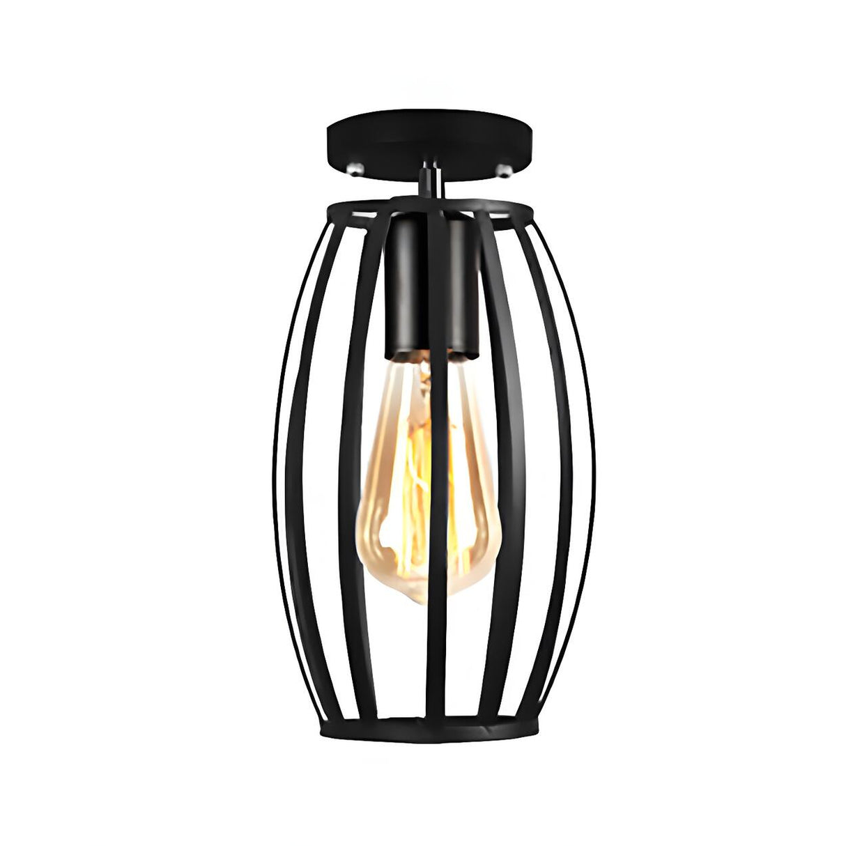 Restaurant Black Metal Oval Cage Semi-Flush Mount Light Image - 3