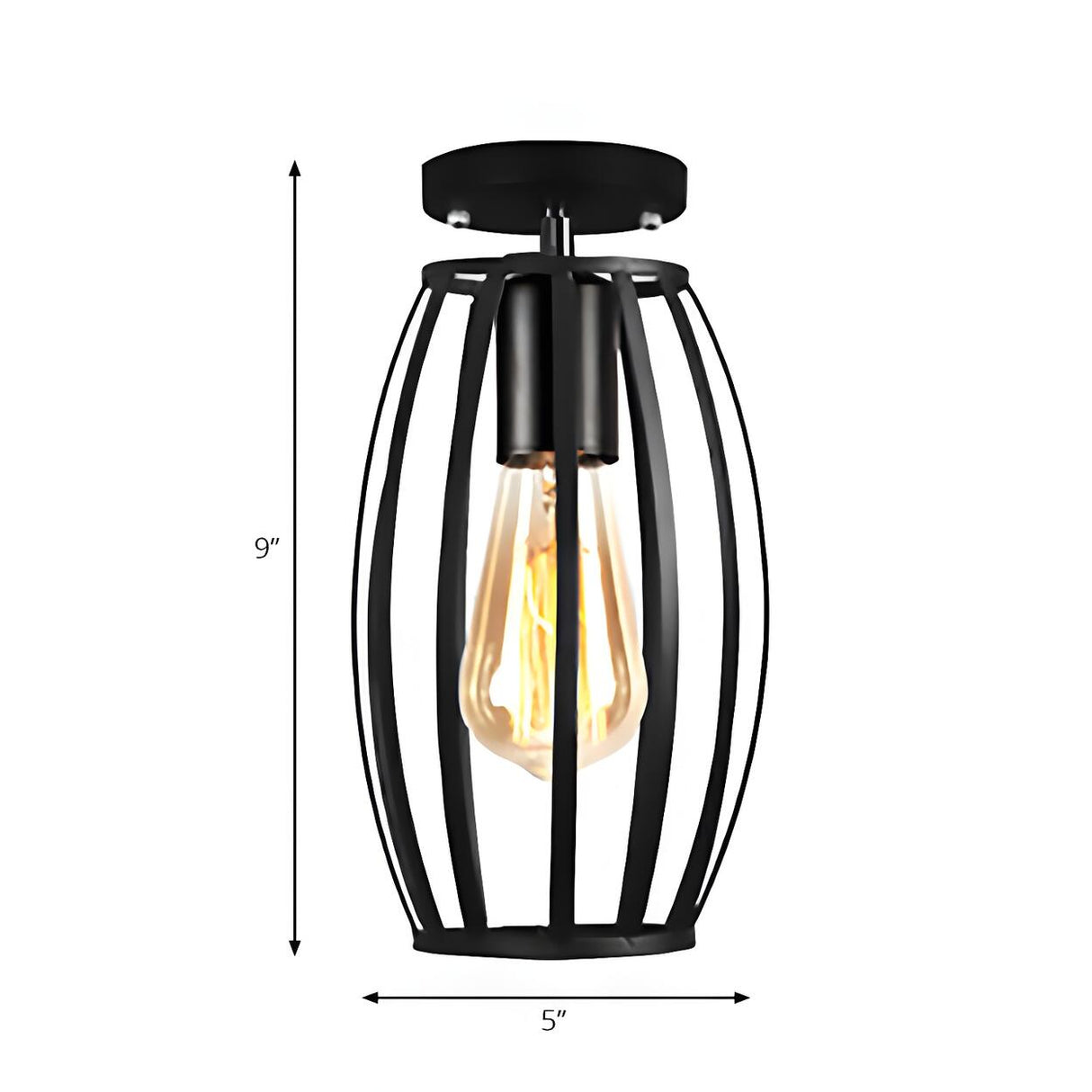 Restaurant Black Metal Oval Cage Semi-Flush Mount Light Image - 4