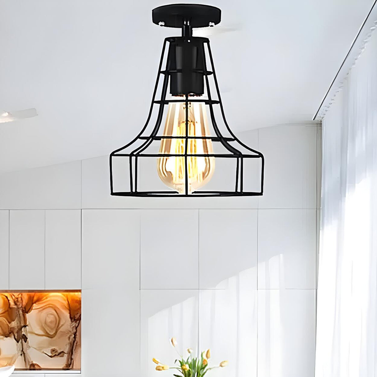 Restaurant Black Metal Oval Cage Semi-Flush Mount Light Image - 5