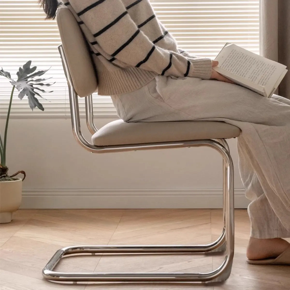 Restaurant Cantilever Upholstered Dining Chair White Image - 11