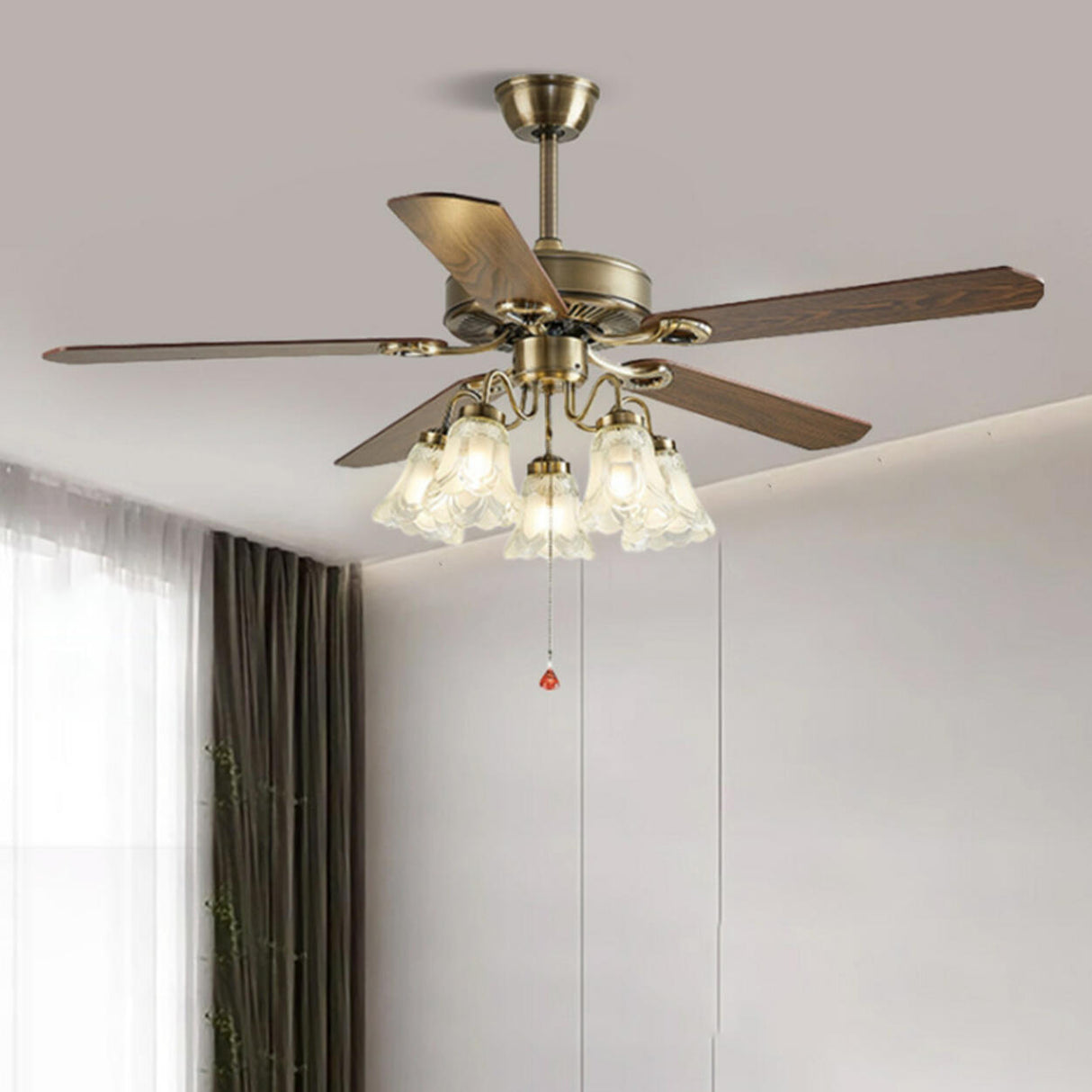 Retro 5 Blades Flower Decor Chandelier Fan with Light Image - 1