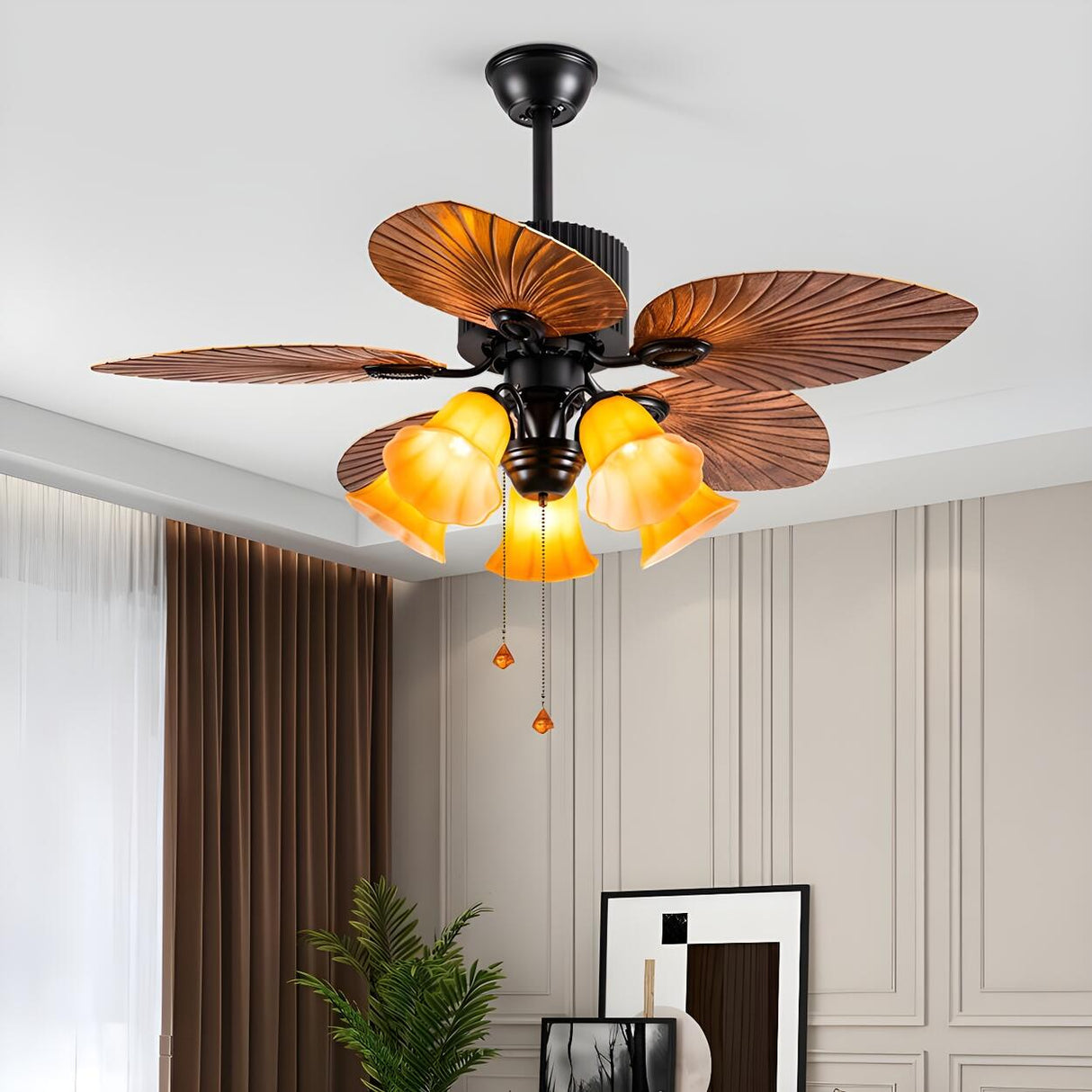 Retro 5 Leaf Shape Flower Shade Ceiling Fan with Light Image - 1