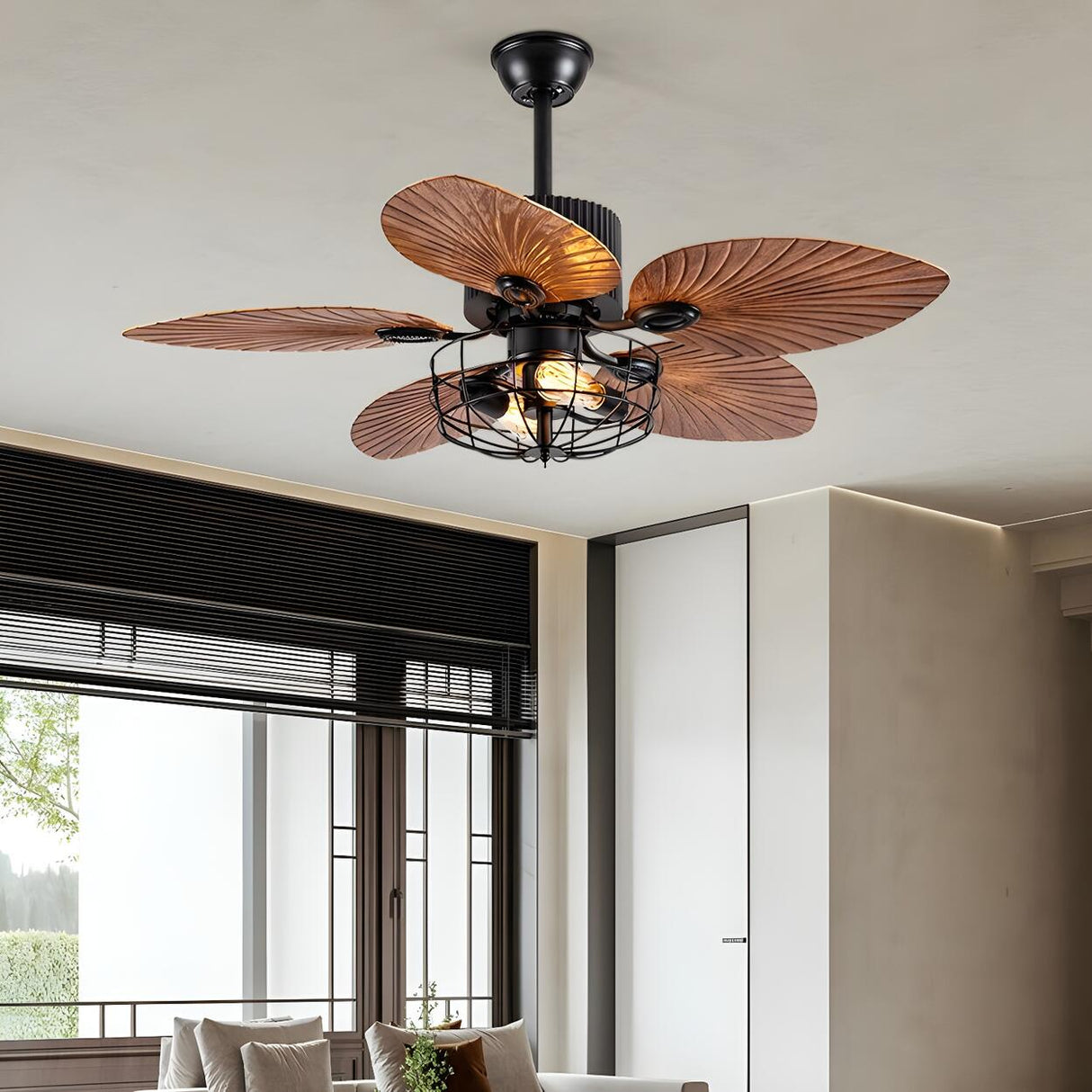 Retro 5 Leaf Shape Flower Shade Ceiling Fan with Light Image - 2