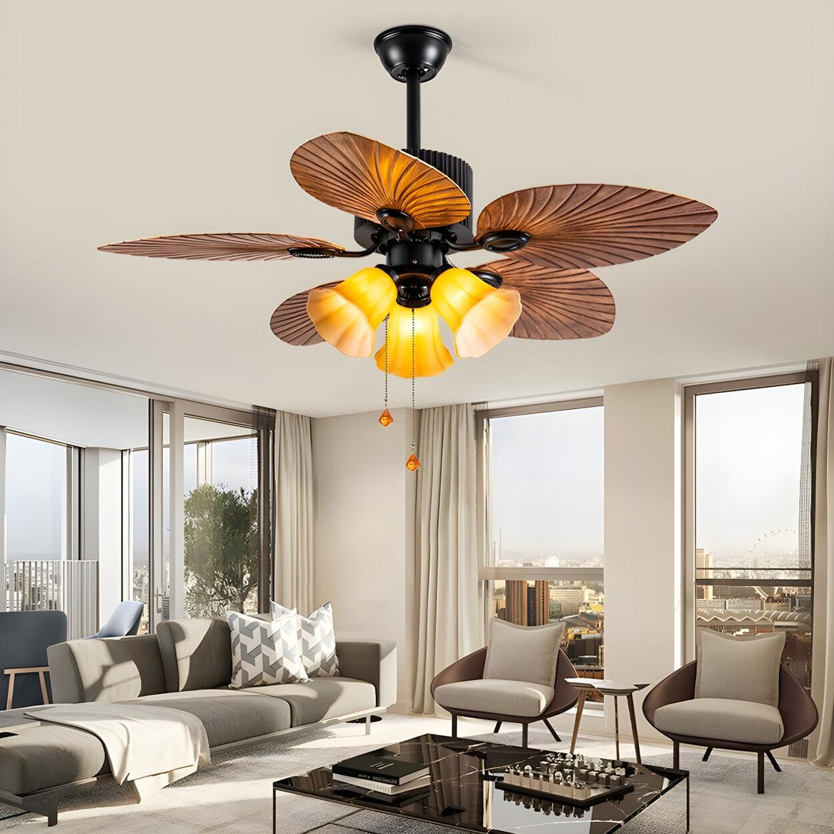 Retro 5 Leaf Shape Flower Shade Ceiling Fan with Light Image - 3