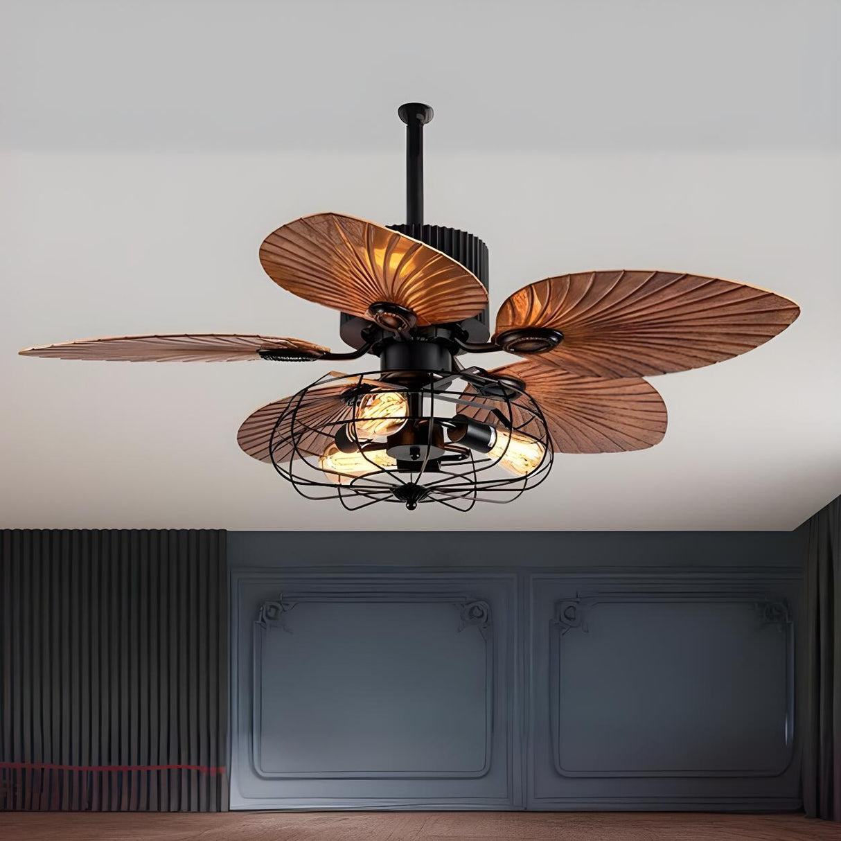 Retro 5 Leaf Shape Flower Shade Ceiling Fan with Light Image - 4