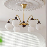 Retro Brass 6-Light Opal Glass Globe Chandelier Image - 1