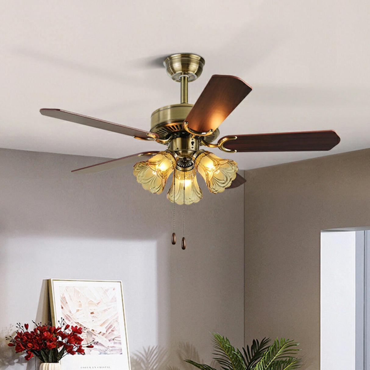 Retro Down Rod Glass Floral 5 Blade Ceiling Fan Light Image - 4