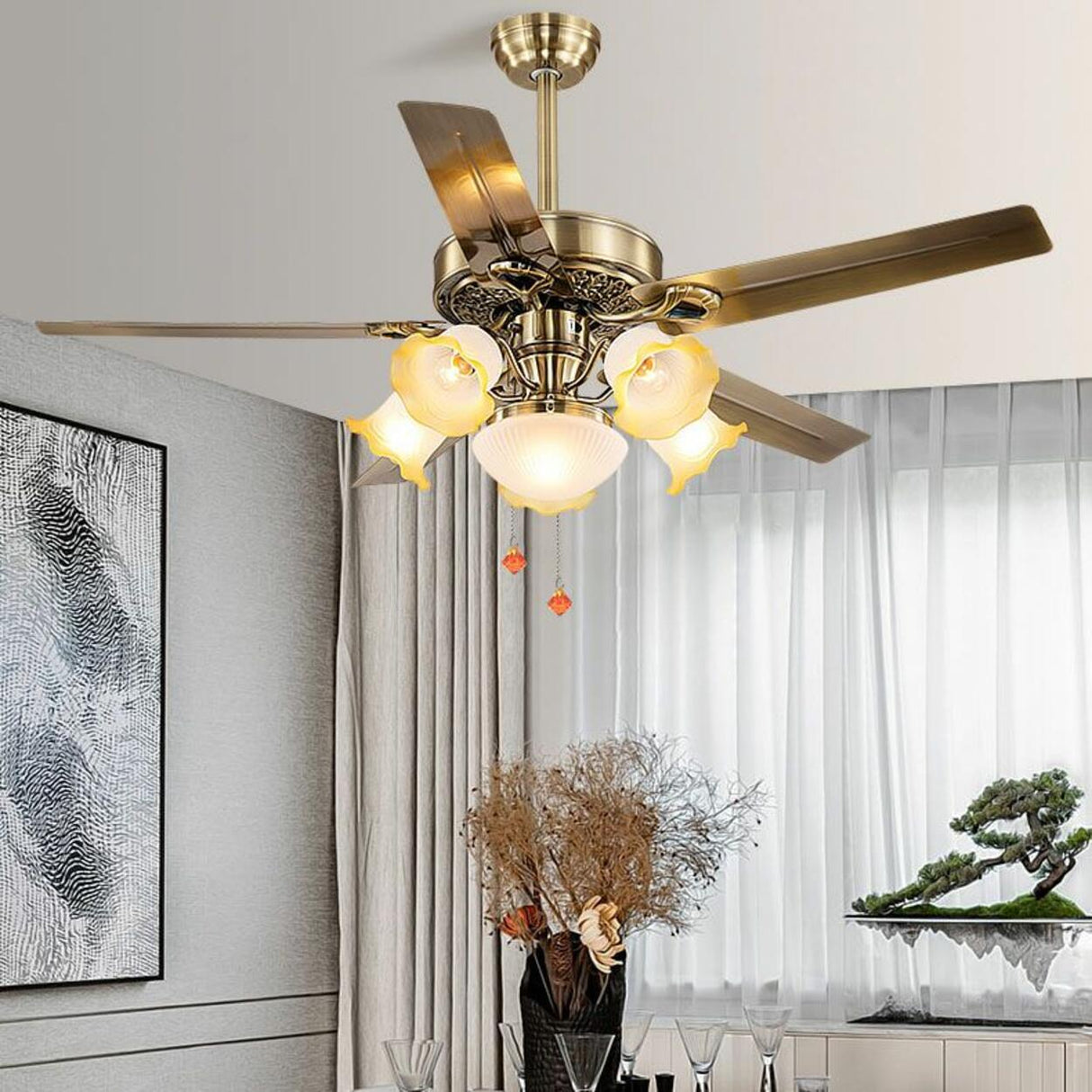 Retro Elegant Floral 5 Blade Standard Ceiling Fan Light Image - 1