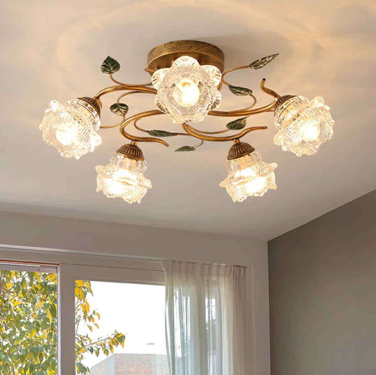 Retro Floral Brass Glass Semi-Flush Mount Ceiling Light Image - 1