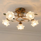 Retro Floral Brass Glass Semi-Flush Mount Ceiling Light Image - 10