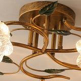 Retro Floral Brass Glass Semi-Flush Mount Ceiling Light Image - 11