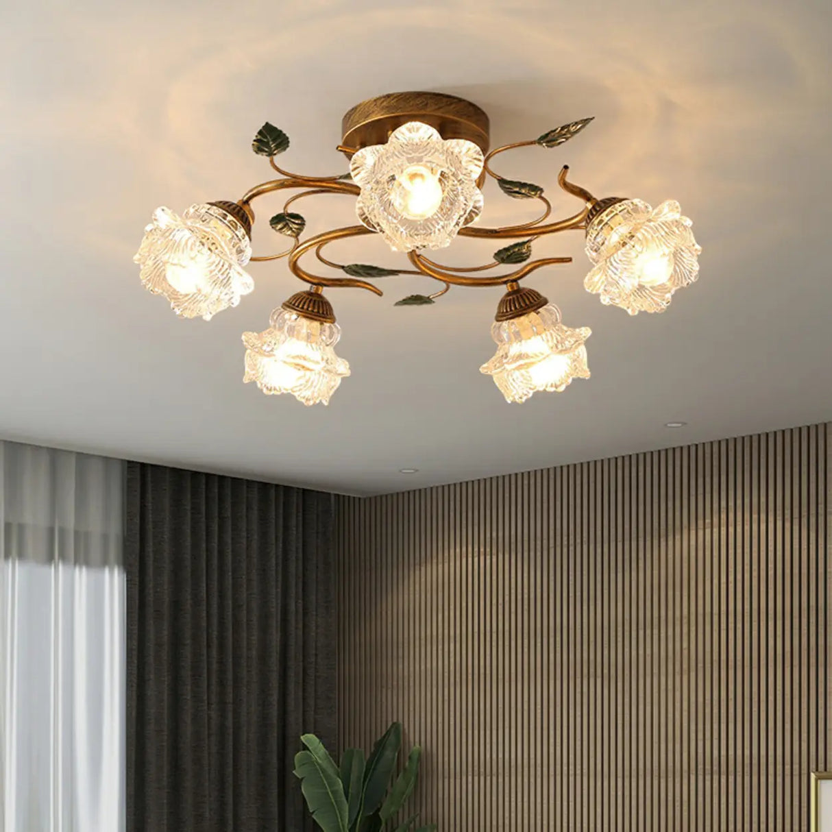 Retro Floral Brass Glass Semi-Flush Mount Ceiling Light Image - 12