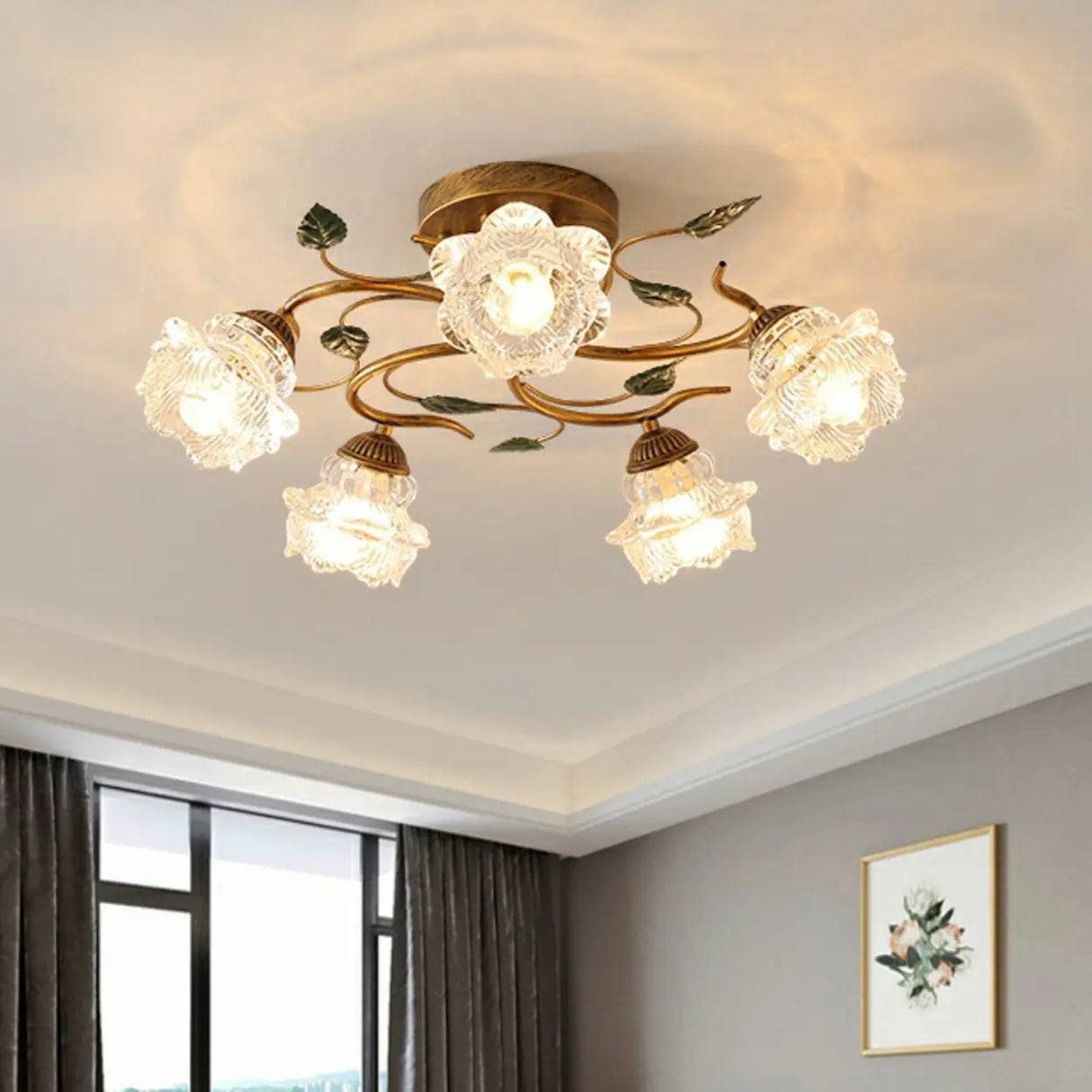 Retro Floral Brass Glass Semi-Flush Mount Ceiling Light Image - 13