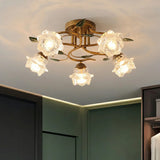 Retro Floral Brass Glass Semi-Flush Mount Ceiling Light Image - 14